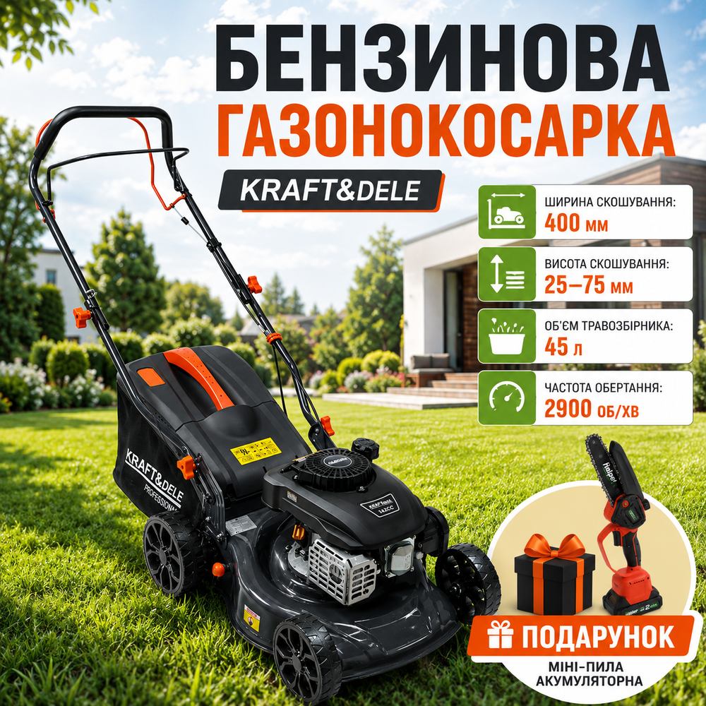Газонокосарка самохідна Kraft&Dele KD5084 бензинова 142 см³ 400 мм для дачі, фото 1