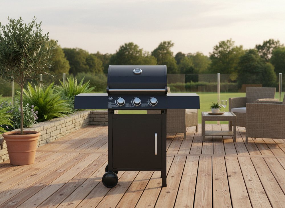 Мобільний газовий гриль 3х2.7 кВт BBQ Meeting BBQ8076 газовий гриль для барбекю гриль на 3 конфорки з редуктором пересувний гриль, фото 1