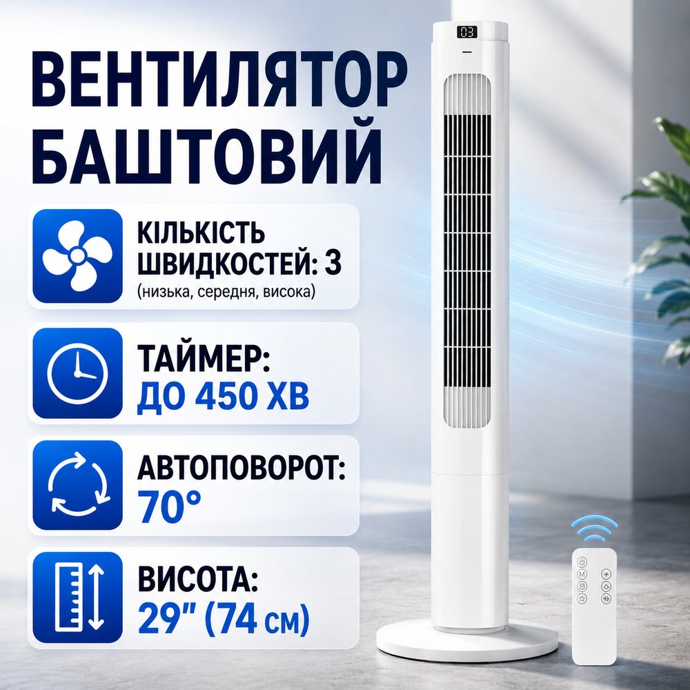 Баштовий вентилятор з таймером AERONEST висота 29" вентилятор для кімнати вентилятор підлоговий колонний, фото 1