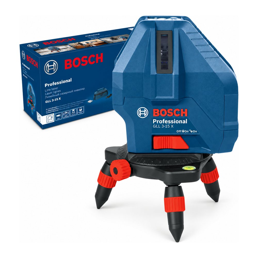 Лазерний рівень (нівелір) Bosch Professional GLL 3-15 X, червоний промінь, 3 лінії + 1 точка схилу, захисна сумка, міні поворотний штатив (0601063M00), фото 1